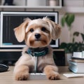 A dog sitting in front of a computer, with a paw on the keyboard, trying to type2 Royalty Free Stock Photo