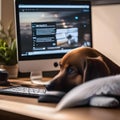 A dog sitting in front of a computer, with a paw on the keyboard, trying to type1 Royalty Free Stock Photo