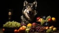 A dog sitting in front of a pile of fruit. Generative AI image. Royalty Free Stock Photo