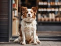 Dog sitting in front of a shop and waiting for his owner Royalty Free Stock Photo