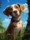 Dog Sitting in Grass Near Tree Promotional Poster Royalty Free Stock Photo