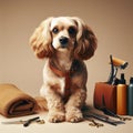 Dog sitting with grooming tools. ai generative