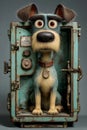 Dog sitting inside an old, rusty fridge with a playful expression in a creative setting Royalty Free Stock Photo