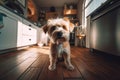 Dog sitting at kitchen floor. Generate Ai