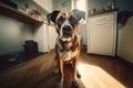 Dog sitting at kitchen floor indoor. Generate Ai