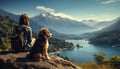 A dog sitting, looking at mountain peak, enjoying nature generated by AI Royalty Free Stock Photo