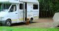 the dog is sitting near the motorhome, watering the lawn with green grass