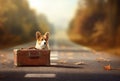 A dog sitting next to a suitcase on the road