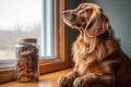 dog sitting obediently next to a treat jar
