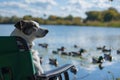 dog sitting patiently on chair, watching ducks on lake Royalty Free Stock Photo