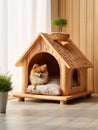 Dog sitting in pet booth. Cozy house inside interior Royalty Free Stock Photo