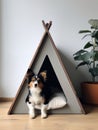 Dog sitting in pet booth. Cozy house inside interior Royalty Free Stock Photo