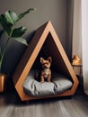 Dog sitting in pet booth. Cozy house inside interior Royalty Free Stock Photo