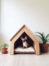 Dog sitting in pet booth. Cozy house inside interior Royalty Free Stock Photo