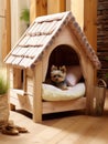 Dog sitting in pet booth. Cozy house inside interior Royalty Free Stock Photo