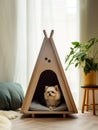 Dog sitting in pet booth. Cozy house inside interior Royalty Free Stock Photo