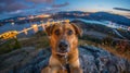 A dog sitting on a rock with the city lights in the background, AI Royalty Free Stock Photo