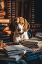 A dog is sitting at a table with books. Generative AI image. Royalty Free Stock Photo
