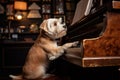 dog, sitting on top of grand piano, with its paw reaching out to touch the keys