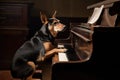 dog, sitting on top of grand piano, playing rock ballad with its paw