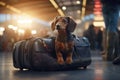 A dog sitting on top of a piece of luggage. Generative AI image.