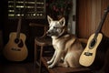 dog, sitting on wooden rocking chair, with guitar in its paws