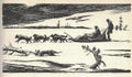 A dog sled pulls a sleigh with hunters. Old black and white illustration. Vintage drawing. Illustration by Zdenek Burian Royalty Free Stock Photo