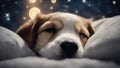 dog sleeping on the floor A peaceful sleeping puppy nestled in a soft, moon shaped pillow, with a backdrop of a starry night Royalty Free Stock Photo