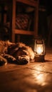 dog sleeping near a lantern on the floor during a power outage Royalty Free Stock Photo