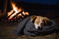 A dog sleeping wrapped up in wool clothing beside a camp fire, night scene Royalty Free Stock Photo