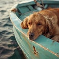 dog sleeps in a boat