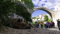 Dog sleeps next to the Old Mostar bridge. Tourists below and on the Stari most Mostar, Bosnia and Herzegovina, April 2019.