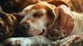 Dog sleeps peacefully while being cuddled by its owner