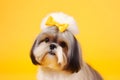 Dog smart eyes looking. Amazing dog portrait on yellow background. Cute pet face. Neural network AI generated