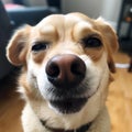 Dog smiling, funny dog muzzle close-up, unusual dog, dog emotion,