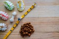 Dog snacks, yellow collar and pellet food Royalty Free Stock Photo