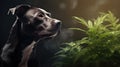 Dog sniffing marijuana leaf. CBD oil is used in veterinary medicine as a sedative and pain reliever. Marijuana pets
