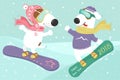 Dog snowboarding in the snow.