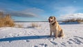 A dog on a snowy winter beach near the sea. Cheerful and active golden labrador retriver.