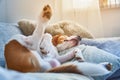 Beagle dog tired sleeping on couch