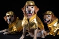 dog with solid gold band member jacket and matching hat, posing for group photo