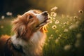 Red-haired Nova Scotia Duck Tolling Retriever in a spring meadow sniffing white flowers