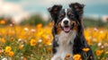 Dog on spring medow flowers at sunset Royalty Free Stock Photo