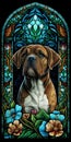 The dog on stained glass illustration showcases a loyal canine figure surrounded by vivid and ornate stained glass designs. The