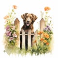 A dog standing behind a fence surrounded with flowers Royalty Free Stock Photo