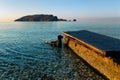 Dog standing in blue sea water near peir.Sunrise seascape with island and dog in water.