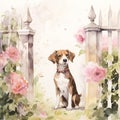 A dog standing between a fence surrounded with flowers