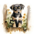 A dog standing on a fence surrounded with flowers