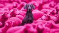 A dog standing in a field of pink sheep Royalty Free Stock Photo