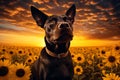 a dog standing in a field of sunflowers, spring time, landscape Royalty Free Stock Photo